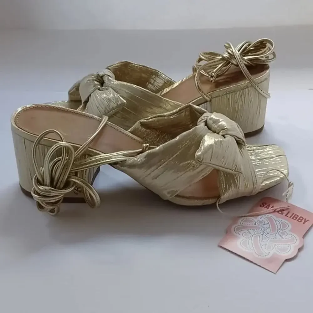 NEW Sam and Libby Klara gold bow ankle strap block heel sandals sz 6